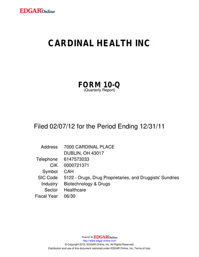 Thumbnail Cardinal Health Quarterly Report 2012-q2