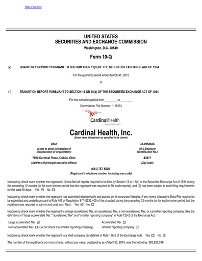 Thumbnail Cardinal Health Quarterly Report 2015-q3