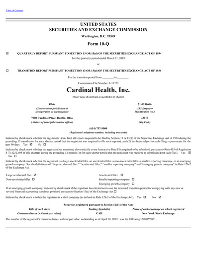 Thumbnail Cardinal Health Quarterly Report 2019-q3