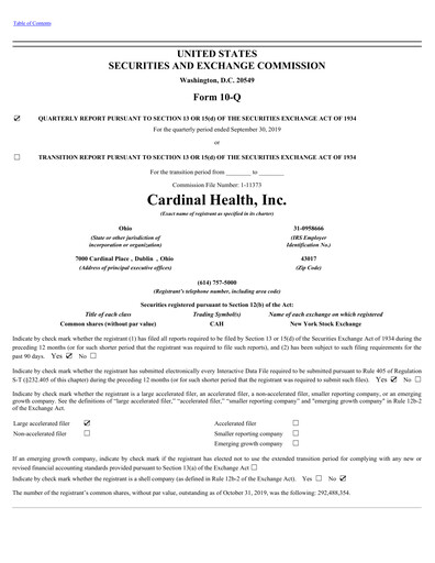 Thumbnail Cardinal Health Quarterly Report 2020-q1