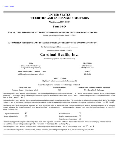 Thumbnail Cardinal Health Quarterly Report 2020-q3