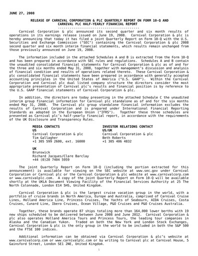 Miniature Carnival Corporation Rapport semestriel 2008-h1