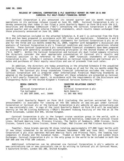 Miniature Carnival Corporation Rapport semestriel 2009-h1