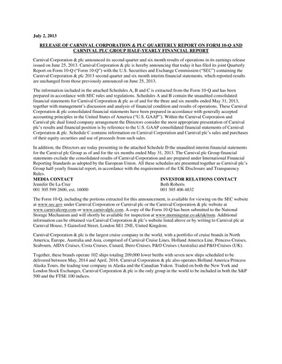 Miniature Carnival Corporation Rapport semestriel 2013-h1