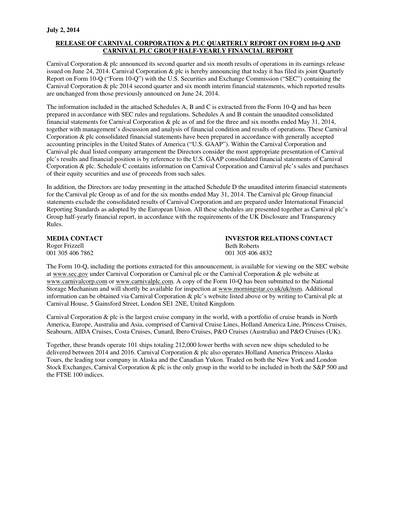 Miniature Carnival Corporation Rapport semestriel 2014-h1