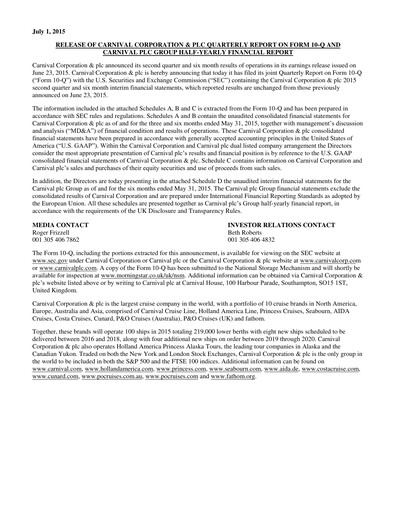 Miniature Carnival Corporation Rapport semestriel 2015-h1