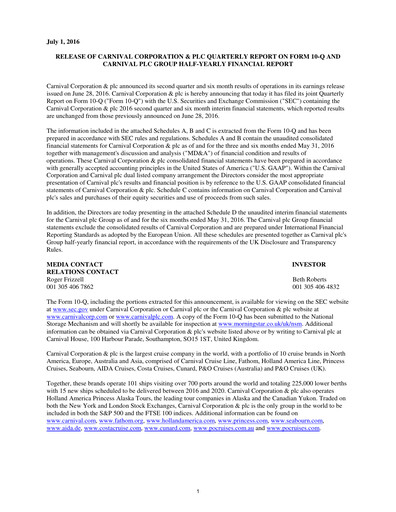 Miniature Carnival Corporation Rapport semestriel 2016-h1