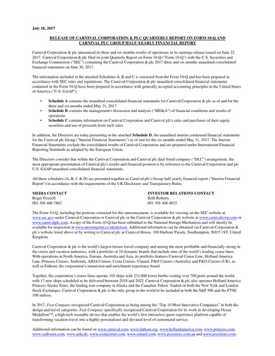 Miniature Carnival Corporation Rapport semestriel 2017-h1