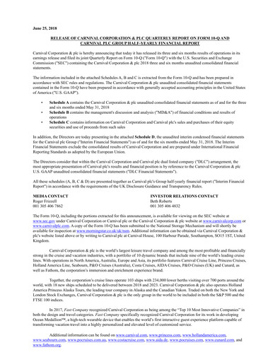 Miniature Carnival Corporation Rapport semestriel 2018-h1