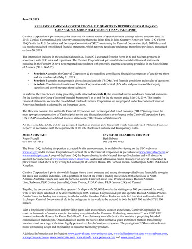 Miniature Carnival Corporation Rapport semestriel 2019-h1