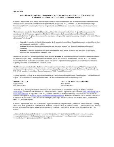 Miniature Carnival Corporation Rapport semestriel 2020-h1