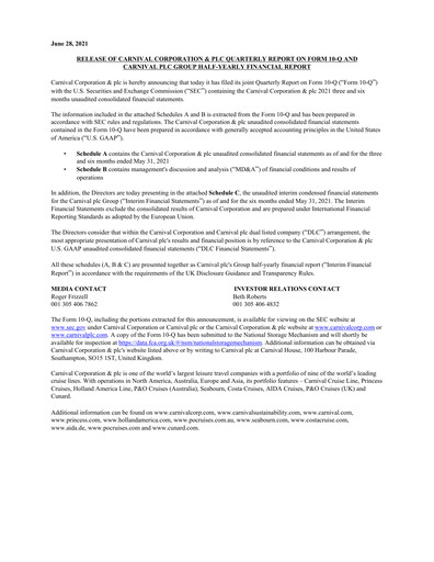 Miniature Carnival Corporation Rapport semestriel 2021-h1