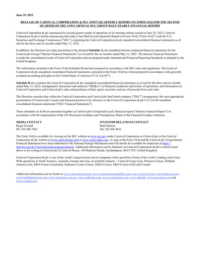 Miniature Carnival Corporation Rapport semestriel 2022-h1