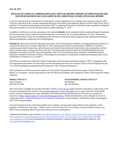 Miniature Carnival Corporation Rapport semestriel 2023-h1