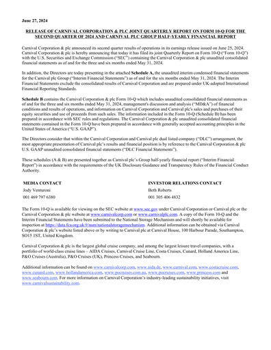 Miniature Carnival Corporation Rapport semestriel 2024-h1