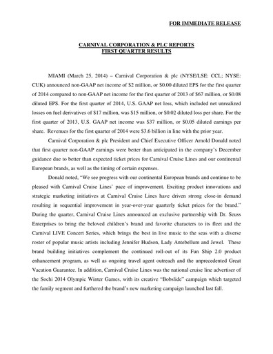 Thumbnail Carnival Corporation Quarterly Report 2014-q1