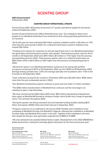 Vorschaubild Scentre Group Quartalsbericht 2023-q3