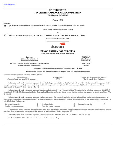 Thumbnail Devon Energy
 Quarterly Report 2022-q1