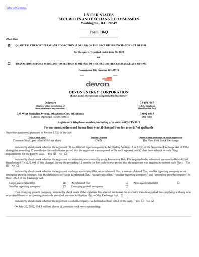 Thumbnail Devon Energy
 Quarterly Report 2022-q2