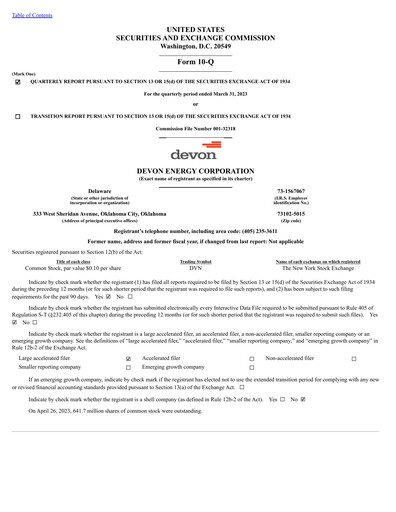 Thumbnail Devon Energy
 Quarterly Report 2023-q1