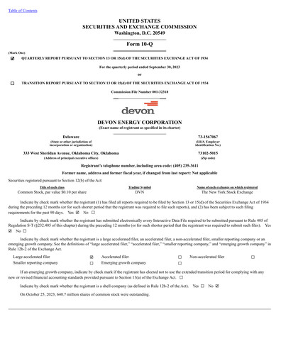 Thumbnail Devon Energy
 Quarterly Report 2023-q3