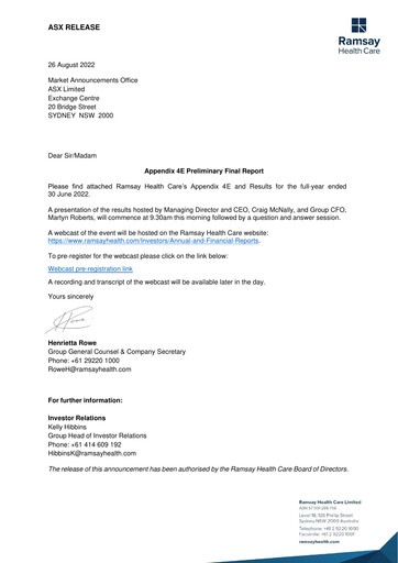 Thumbnail Ramsay Health Care Financial Statement 2022