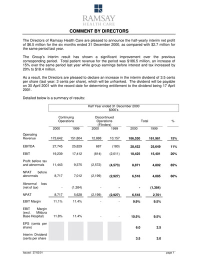 Miniature Ramsay Health Care Rapport semestriel 2001-h1
