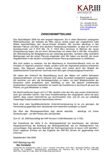 Miniature KAP AG Rapport trimestriel 2009-q1