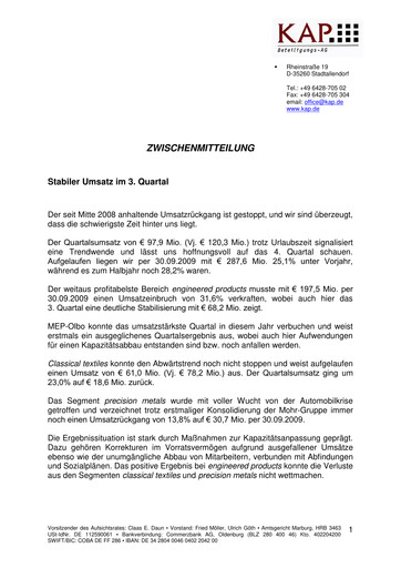 Miniature KAP AG Rapport trimestriel 2009-q3