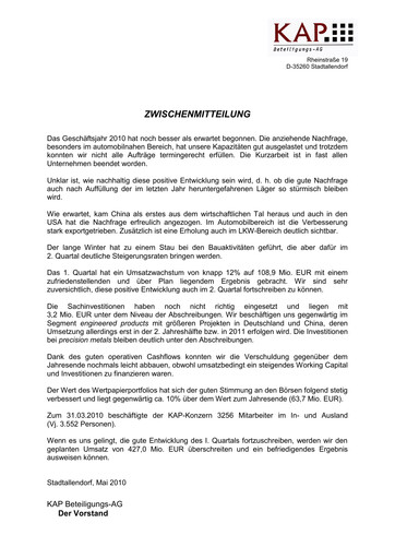 Miniature KAP AG Rapport trimestriel 2010-q1