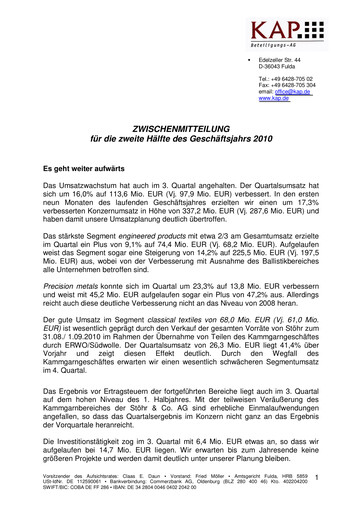 Miniature KAP AG Rapport trimestriel 2010-q3