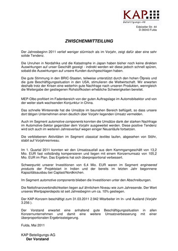 Miniature KAP AG Rapport trimestriel 2011-q1