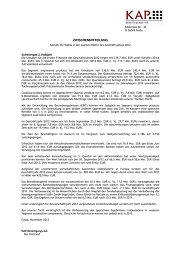 Miniature KAP AG Rapport trimestriel 2012-q3