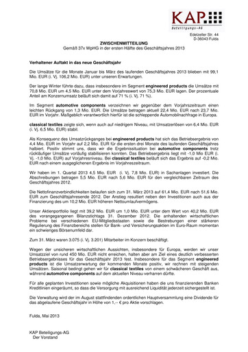 Miniature KAP AG Rapport trimestriel 2013-q1