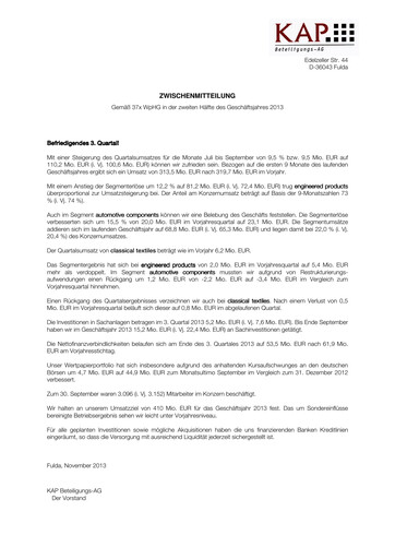 Miniature KAP AG Rapport trimestriel 2013-q3