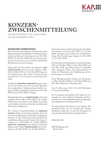 Miniature KAP AG Rapport trimestriel 2014-q1