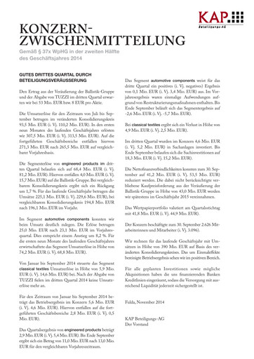 Miniature KAP AG Rapport trimestriel 2014-q3
