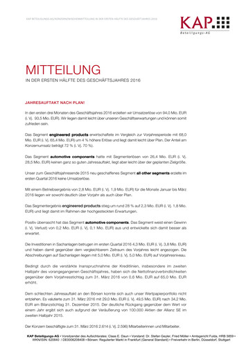 Miniature KAP AG Rapport trimestriel 2016-q1