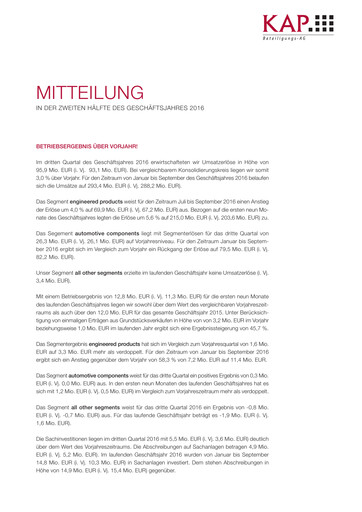Miniature KAP AG Rapport trimestriel 2016-q3