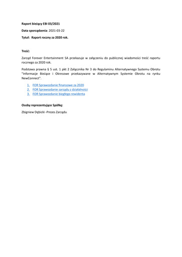 Thumbnail Forever Entertainment Annual Report 2020