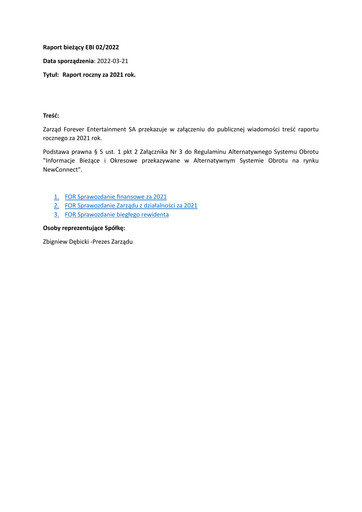 Thumbnail Forever Entertainment Annual Report 2021