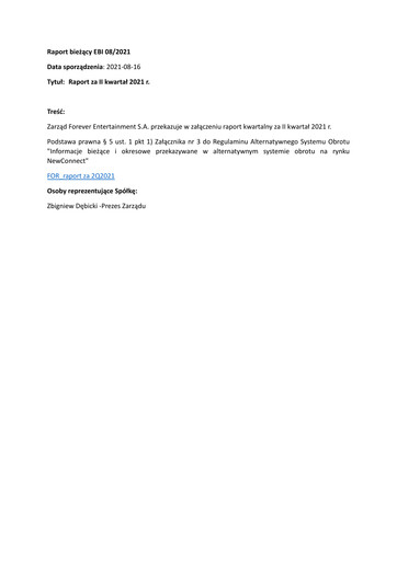 Thumbnail Forever Entertainment Quarterly Report 2021-q2