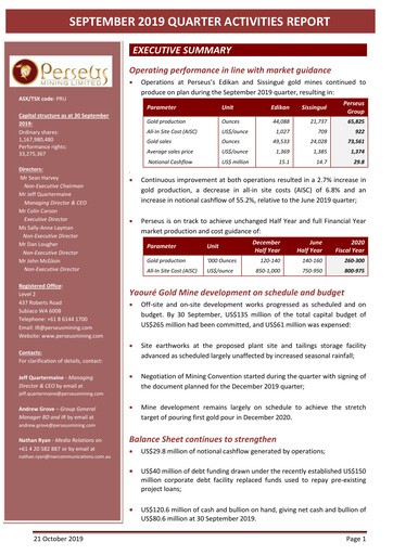 Miniature Perseus Mining Rapport trimestriel 2019-q3
