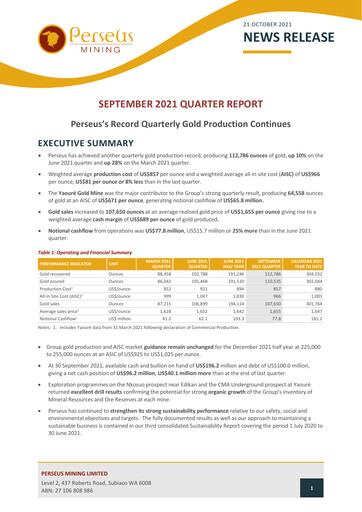 Miniature Perseus Mining Rapport trimestriel 2021-q3