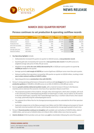 Miniature Perseus Mining Rapport trimestriel 2022-q1