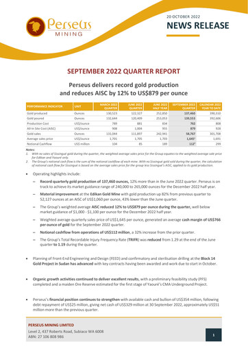 Miniature Perseus Mining Rapport trimestriel 2022-q3