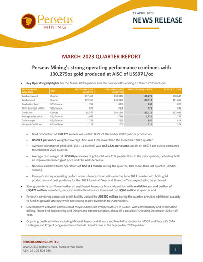 Miniature Perseus Mining Rapport trimestriel 2023-q1