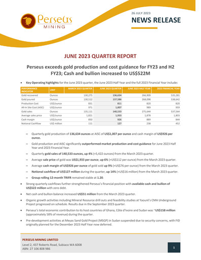 Miniature Perseus Mining Rapport trimestriel 2023-q2
