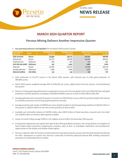 Miniature Perseus Mining Rapport trimestriel 2024-q1