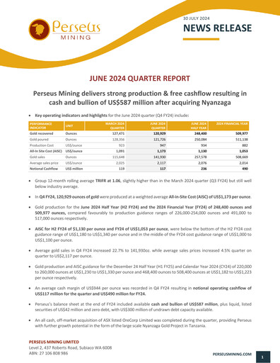 Miniature Perseus Mining Rapport trimestriel 2024-q2